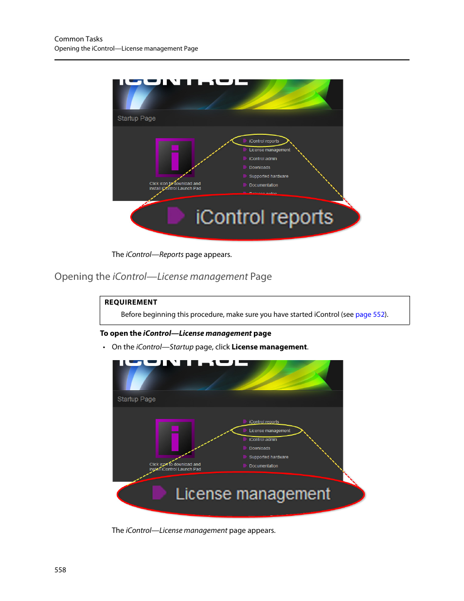 Opening the icontrol, Opening the icontrol—license management page | Grass Valley iControl V.6.02 User Manual | Page 568 / 610