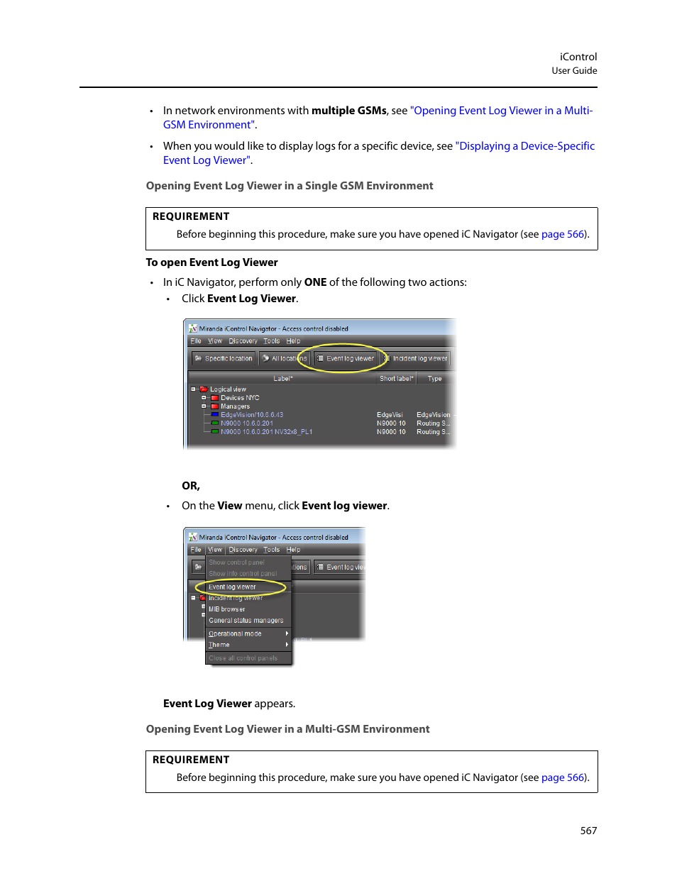 Opening event log viewer in a single, Gsm environment | Grass Valley iControl V.6.02 User Manual | Page 577 / 610
