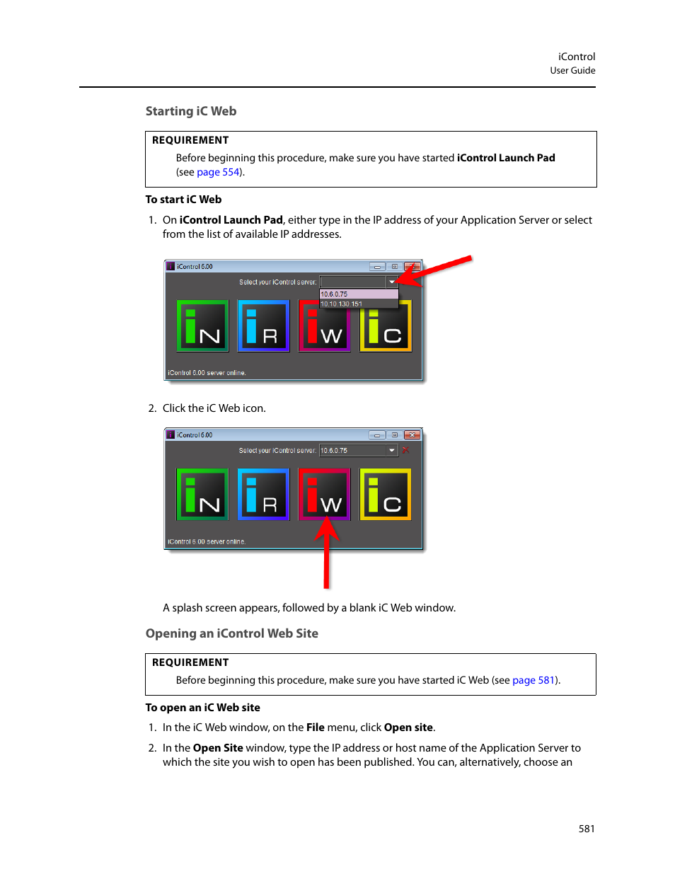 Starting ic web, Opening an icontrol web site, B (see | Grass Valley iControl V.6.02 User Manual | Page 591 / 610