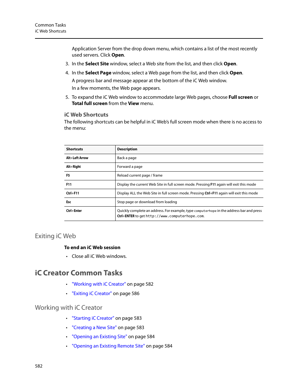Ic web shortcuts, Exiting ic web, Ic creator common tasks | Working with ic creator, Working with, Ic creator | Grass Valley iControl V.6.02 User Manual | Page 592 / 610