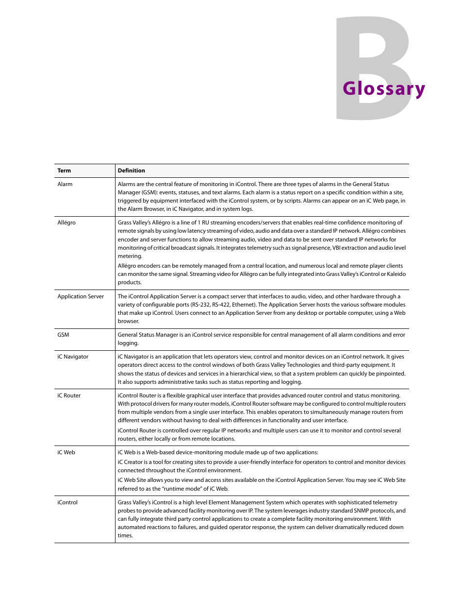 Glossary, App b | Grass Valley iControl V.6.02 User Manual | Page 601 / 610
