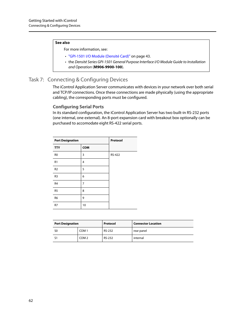 Task 7: connecting & configuring devices, Configuring serial ports, Connecting & configuring devices | E (see, Connecting & configuring, Devices | Grass Valley iControl V.6.02 User Manual | Page 72 / 610