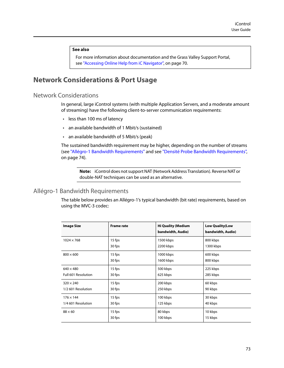 Network considerations & port usage, Network considerations, Allégro-1 bandwidth requirements | Grass Valley iControl V.6.02 User Manual | Page 83 / 610