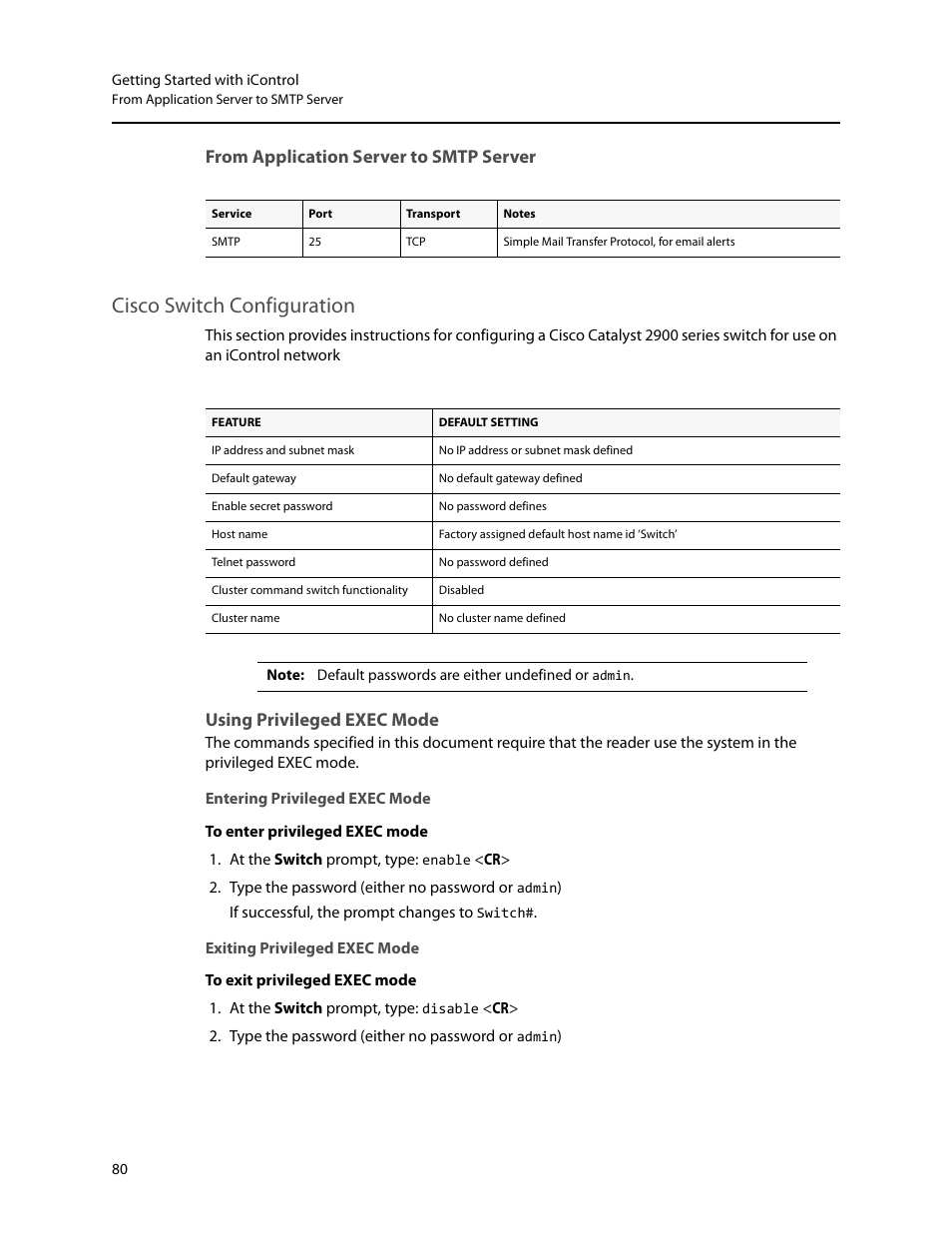 From application server to smtp server, Cisco switch configuration, Using privileged exec mode | Entering privileged exec mode, Exiting privileged exec mode | Grass Valley iControl V.6.02 User Manual | Page 90 / 610