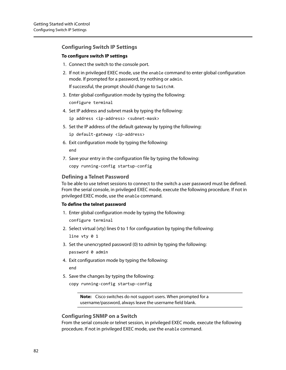 Configuring switch ip settings, Defining a telnet password, Configuring snmp on a switch | Grass Valley iControl V.6.02 User Manual | Page 92 / 610
