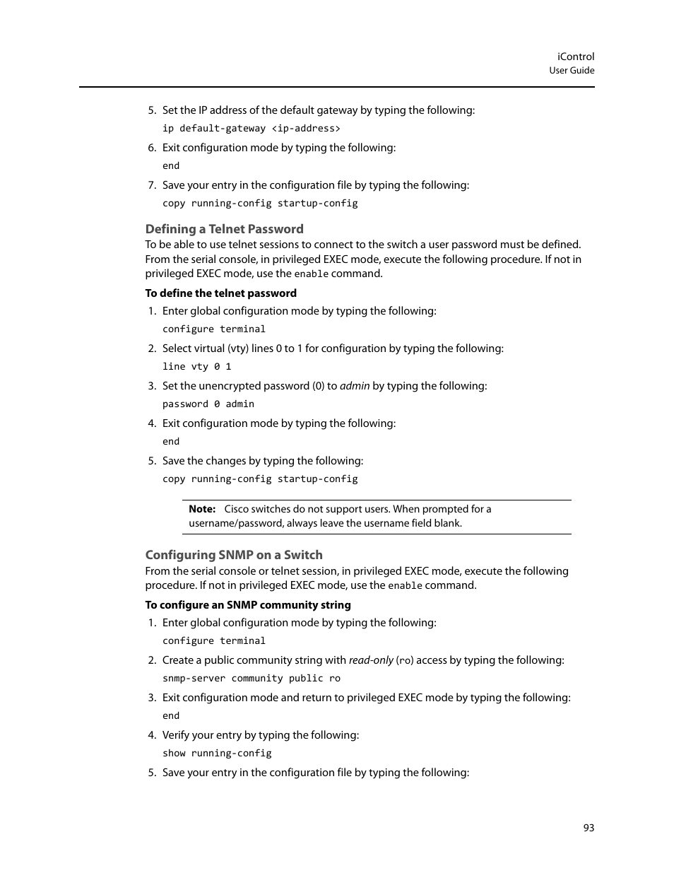 Defining a telnet password, Configuring snmp on a switch | Grass Valley iControl V.4.43 User Manual | Page 103 / 772
