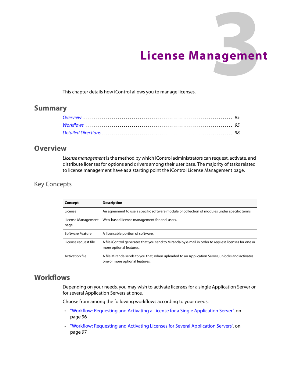 License management, Overview, Key concepts | Workflows, Summary | Grass Valley iControl V.4.43 User Manual | Page 105 / 772