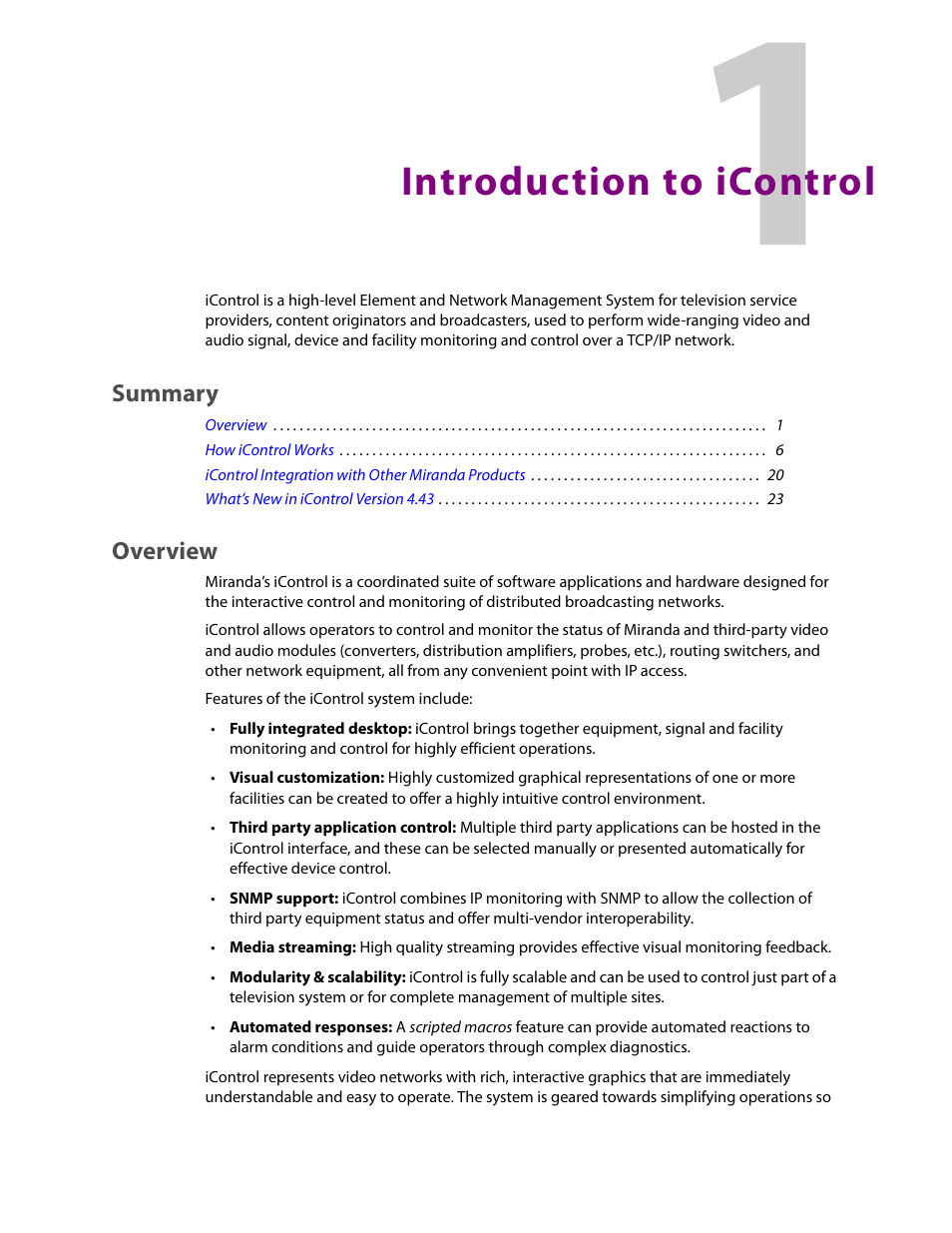 Introduction to icontrol, Overview, Summary | Grass Valley iControl V.4.43 User Manual | Page 11 / 772