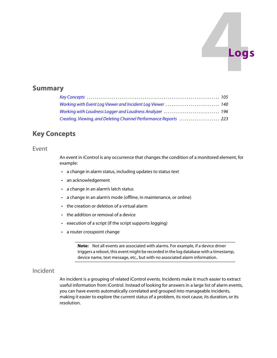 Logs, Key concepts, Event | Incident, Event incident, Summary | Grass Valley iControl V.4.43 User Manual | Page 115 / 772