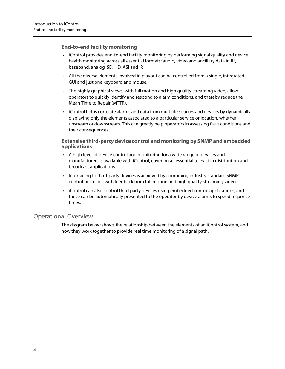 End-to-end facility monitoring, Operational overview | Grass Valley iControl V.4.43 User Manual | Page 14 / 772