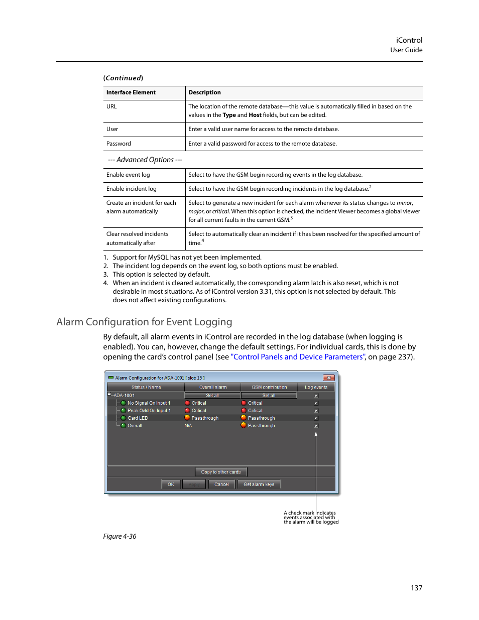 Alarm configuration for event logging, Alarm configuration for event, Logging | Grass Valley iControl V.4.43 User Manual | Page 147 / 772
