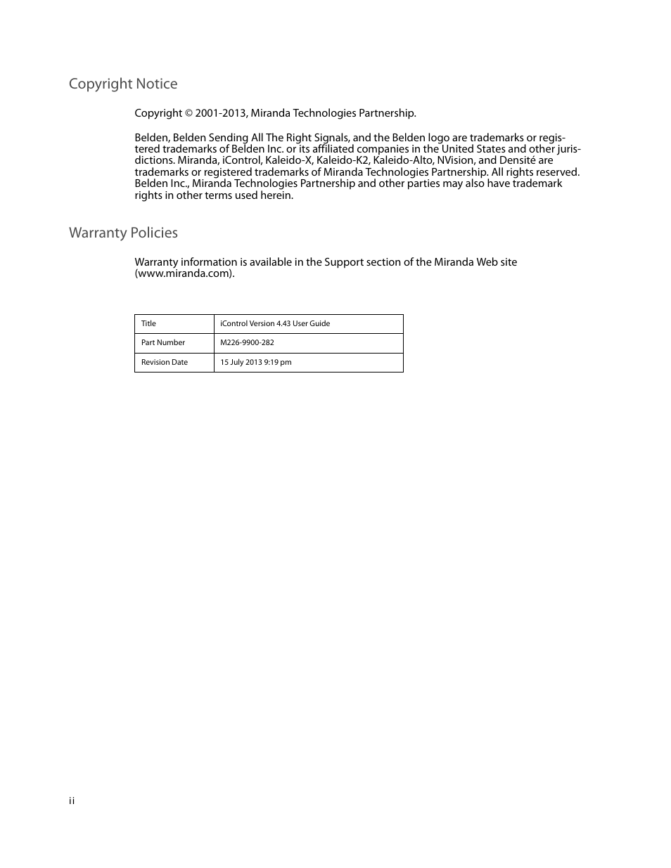 Copyright notice, Warranty policies | Grass Valley iControl V.4.43 User Manual | Page 2 / 772