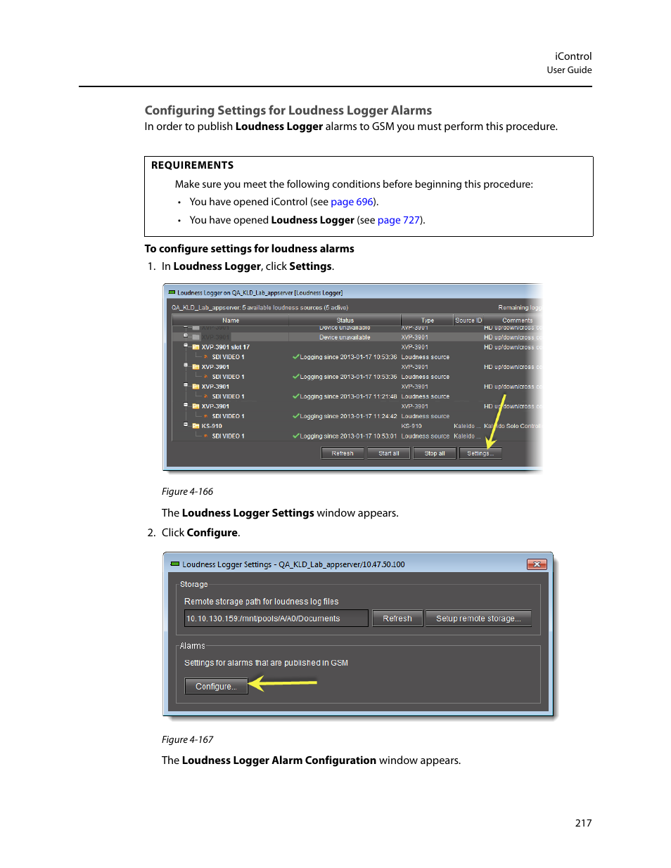 Configuring settings for loudness logger alarms, Configuring settings for, Loudness logger alarms | Grass Valley iControl V.4.43 User Manual | Page 227 / 772