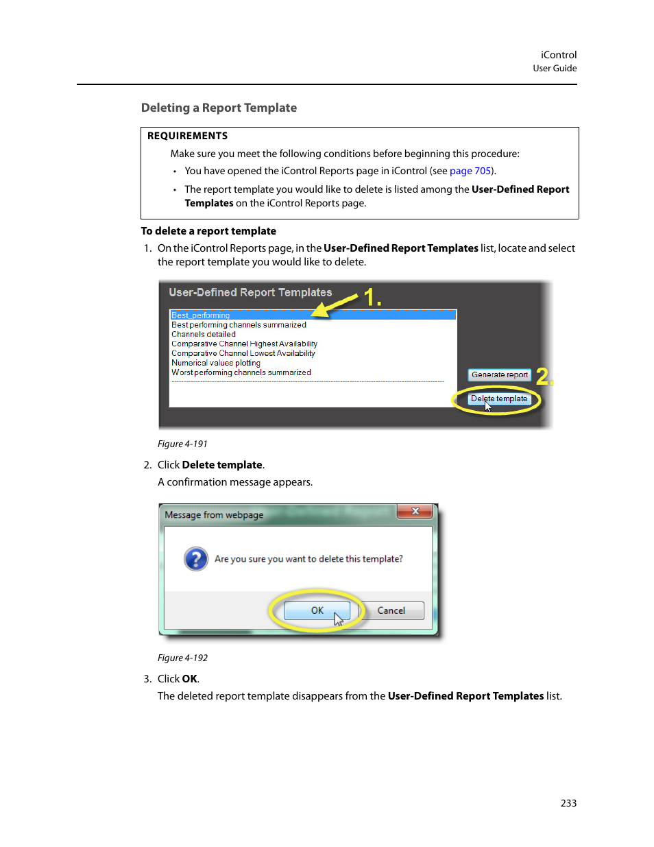 Deleting a report template | Grass Valley iControl V.4.43 User Manual | Page 243 / 772