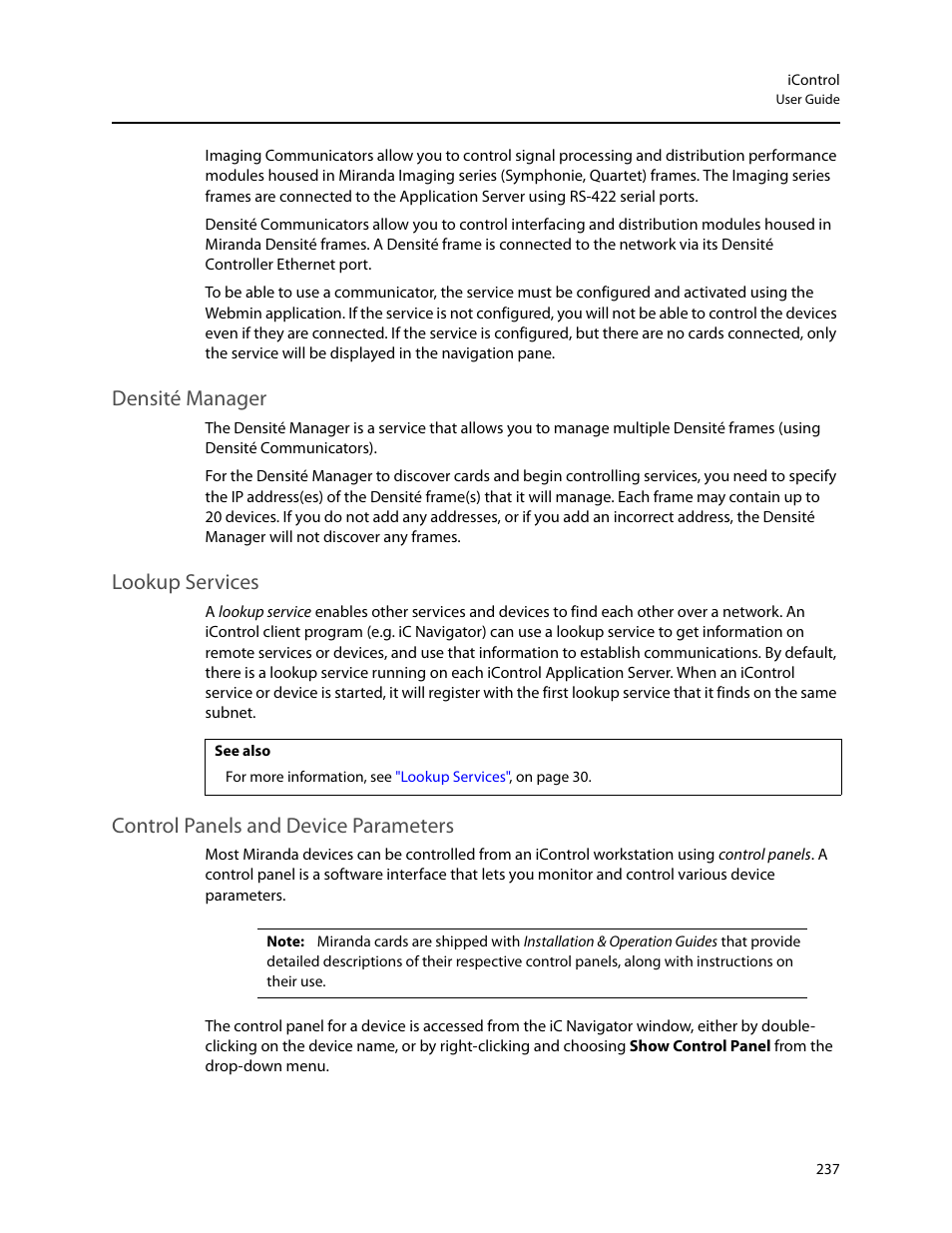 Densité manager, Lookup services, Control panels and device parameters | Grass Valley iControl V.4.43 User Manual | Page 247 / 772