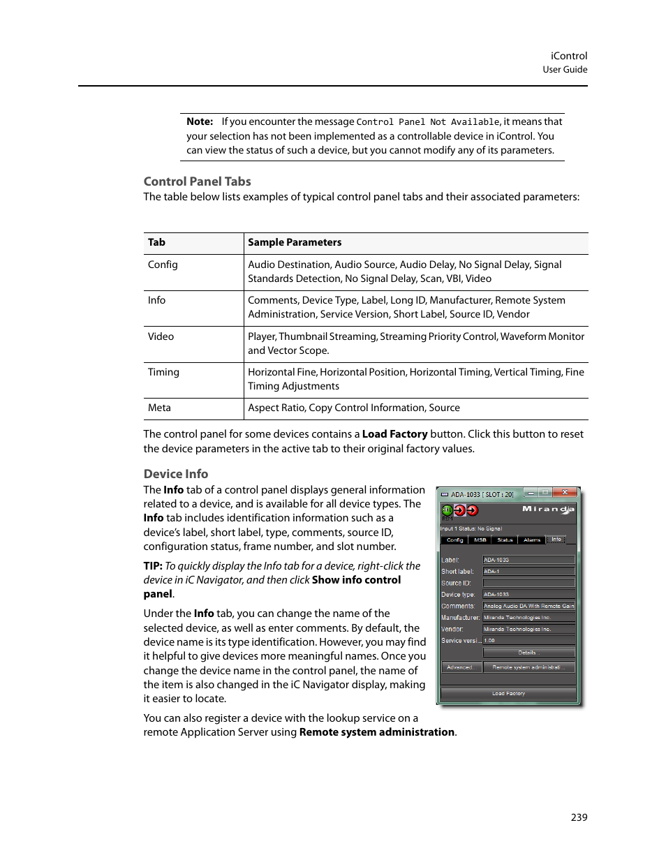 Control panel tabs, Device info | Grass Valley iControl V.4.43 User Manual | Page 249 / 772