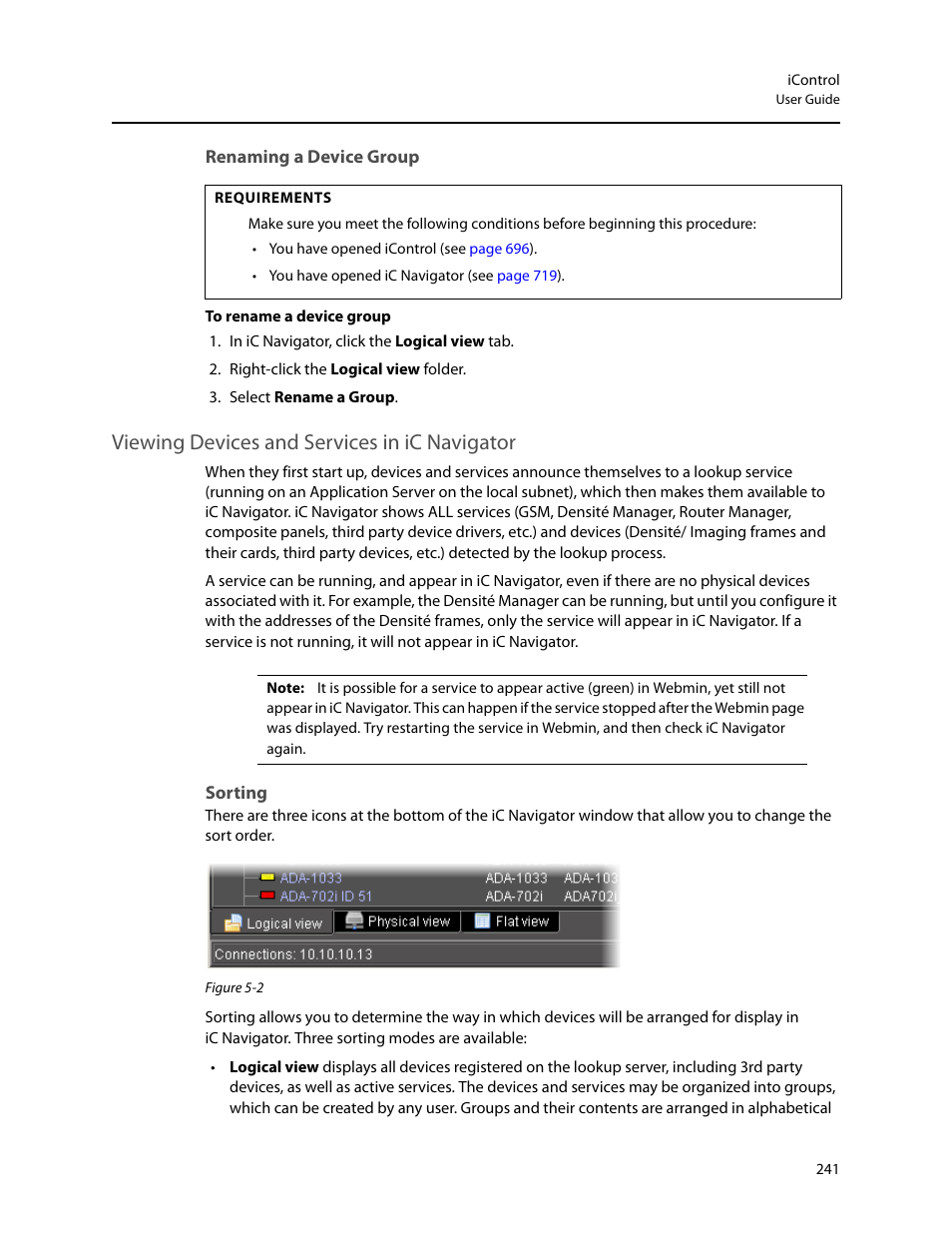 Renaming a device group, Viewing devices and services in ic navigator, Sorting | Grass Valley iControl V.4.43 User Manual | Page 251 / 772