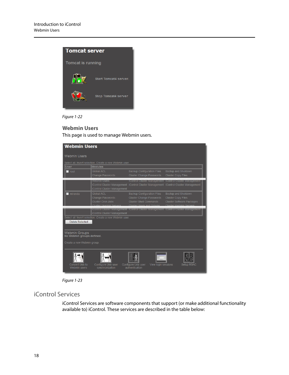 Webmin users, Icontrol services | Grass Valley iControl V.4.43 User Manual | Page 28 / 772
