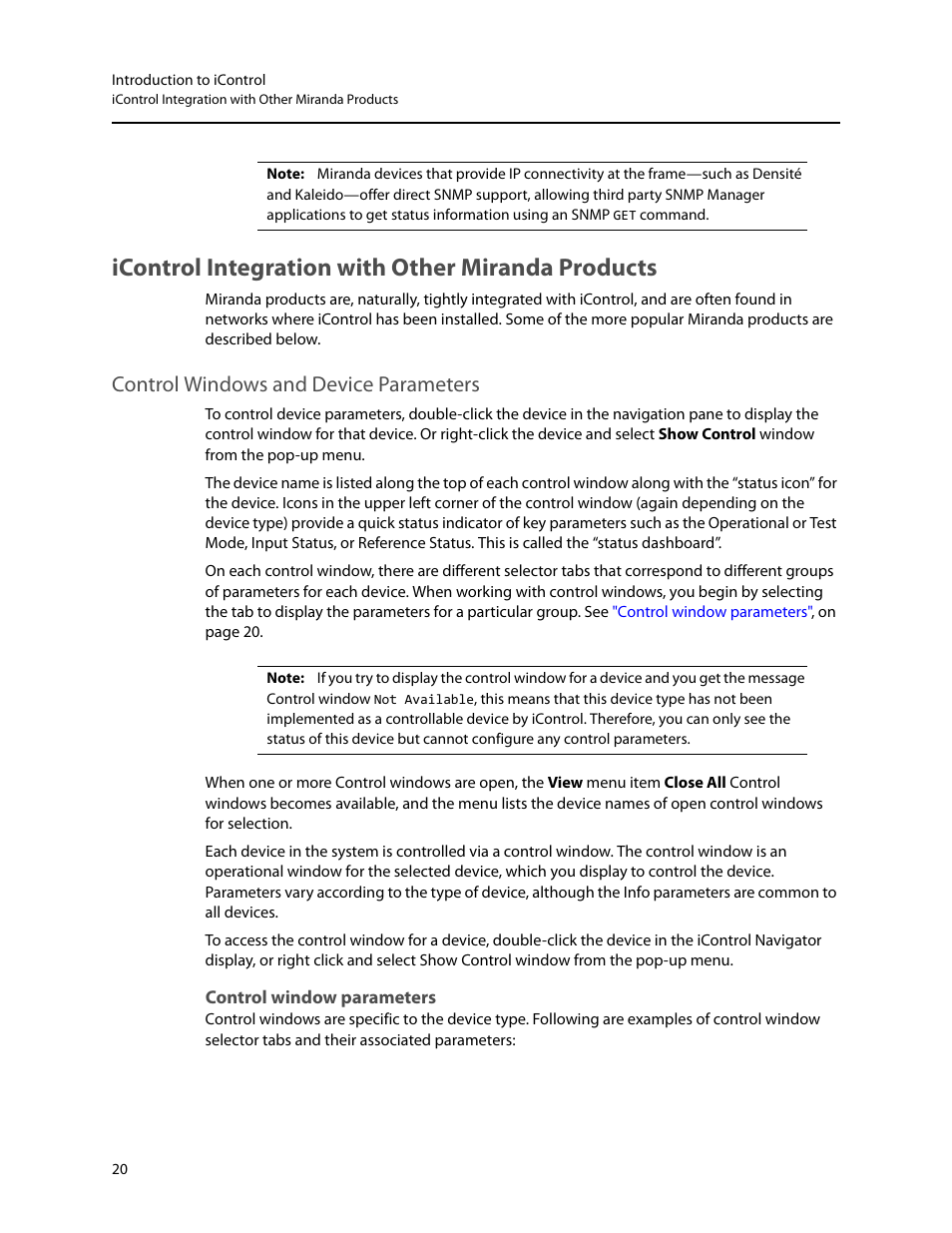 Icontrol integration with other miranda products, Control windows and device parameters, Control window parameters | Grass Valley iControl V.4.43 User Manual | Page 30 / 772