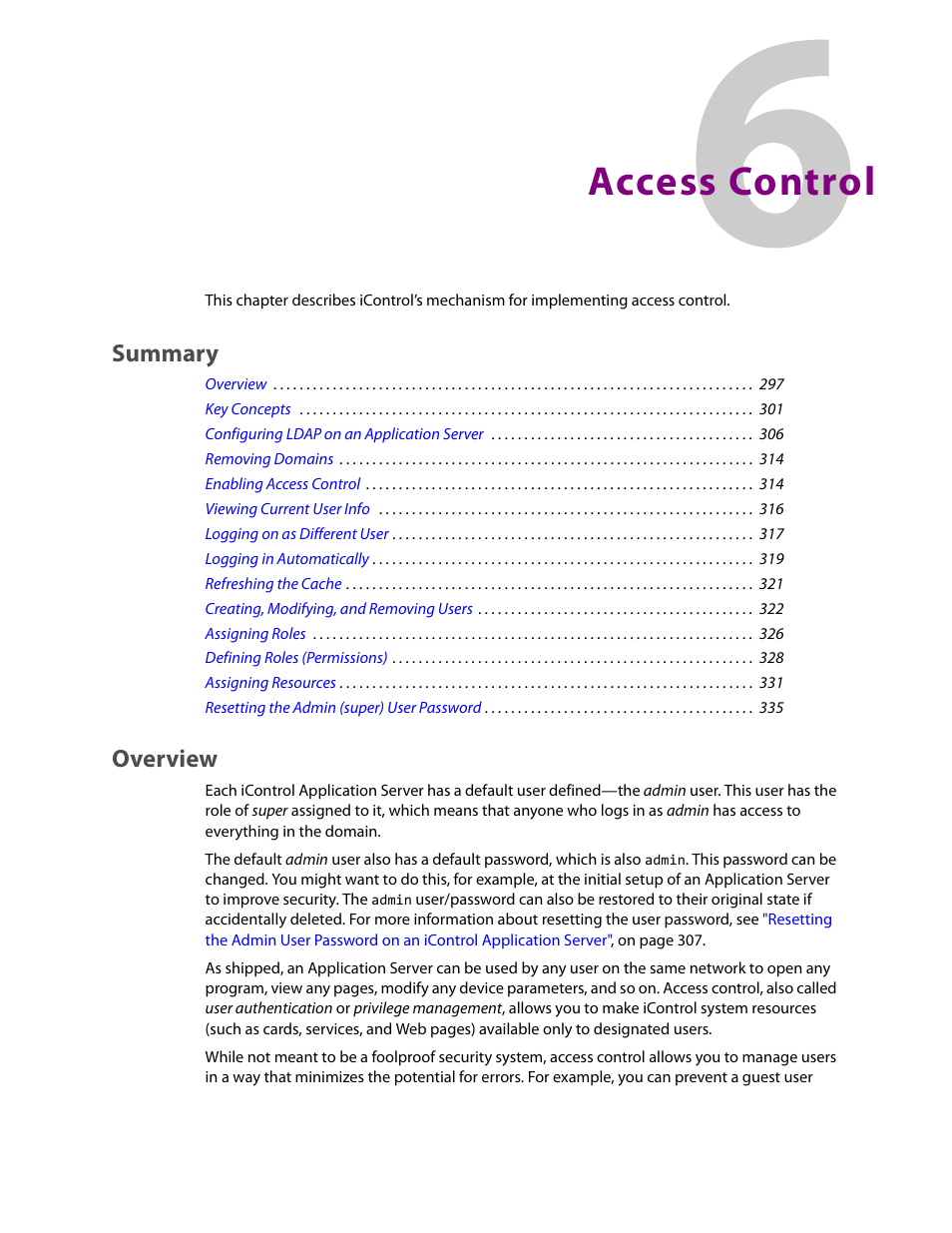 Access control, Overview, Summary | Grass Valley iControl V.4.43 User Manual | Page 307 / 772