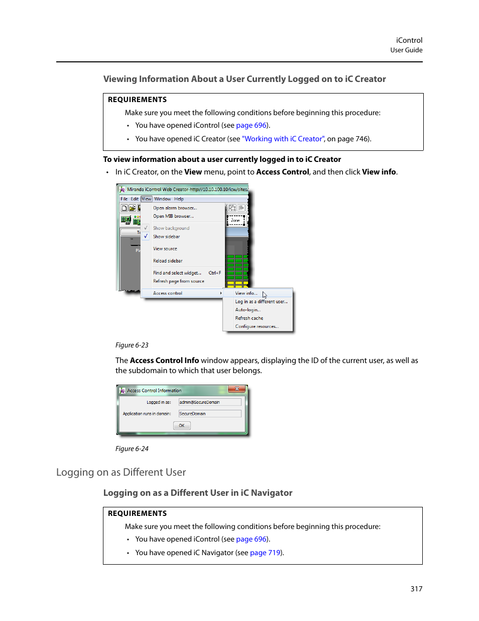 Logging on as different user, Logging on as a different user in ic navigator | Grass Valley iControl V.4.43 User Manual | Page 327 / 772