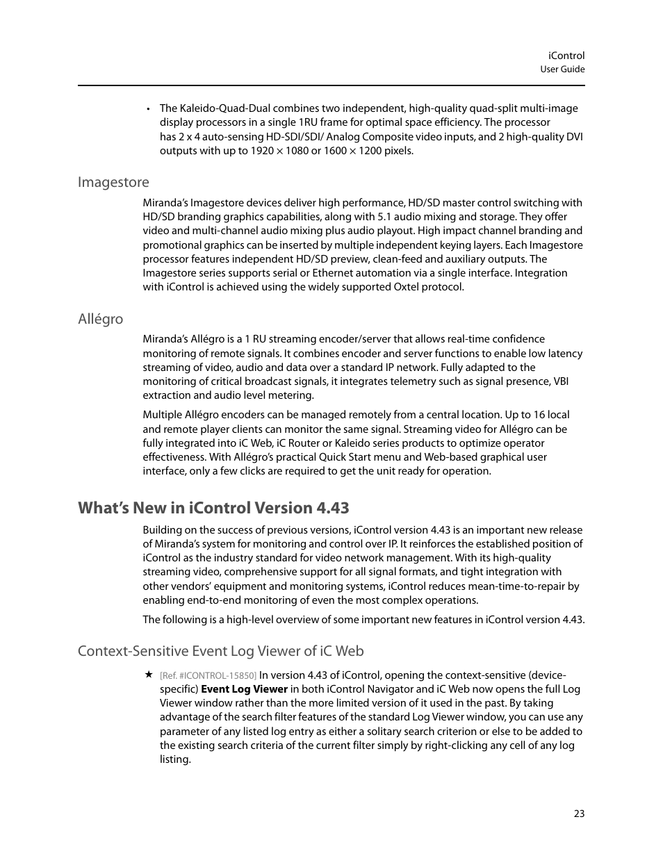 Imagestore, Allégro, What’s new in icontrol version 4.43 | Context-sensitive event log viewer of ic web, Imagestore allégro | Grass Valley iControl V.4.43 User Manual | Page 33 / 772