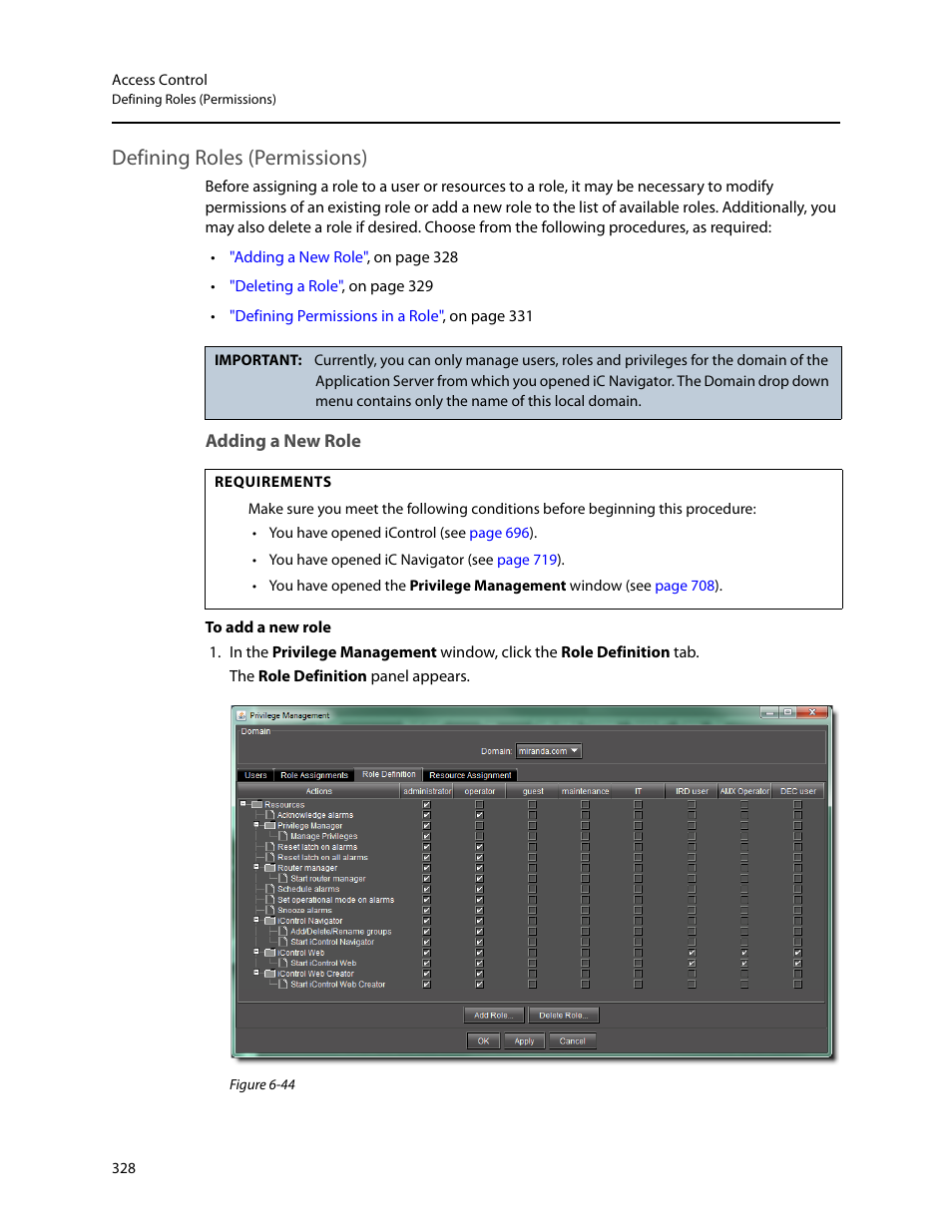 Defining roles (permissions), Adding a new role | Grass Valley iControl V.4.43 User Manual | Page 338 / 772