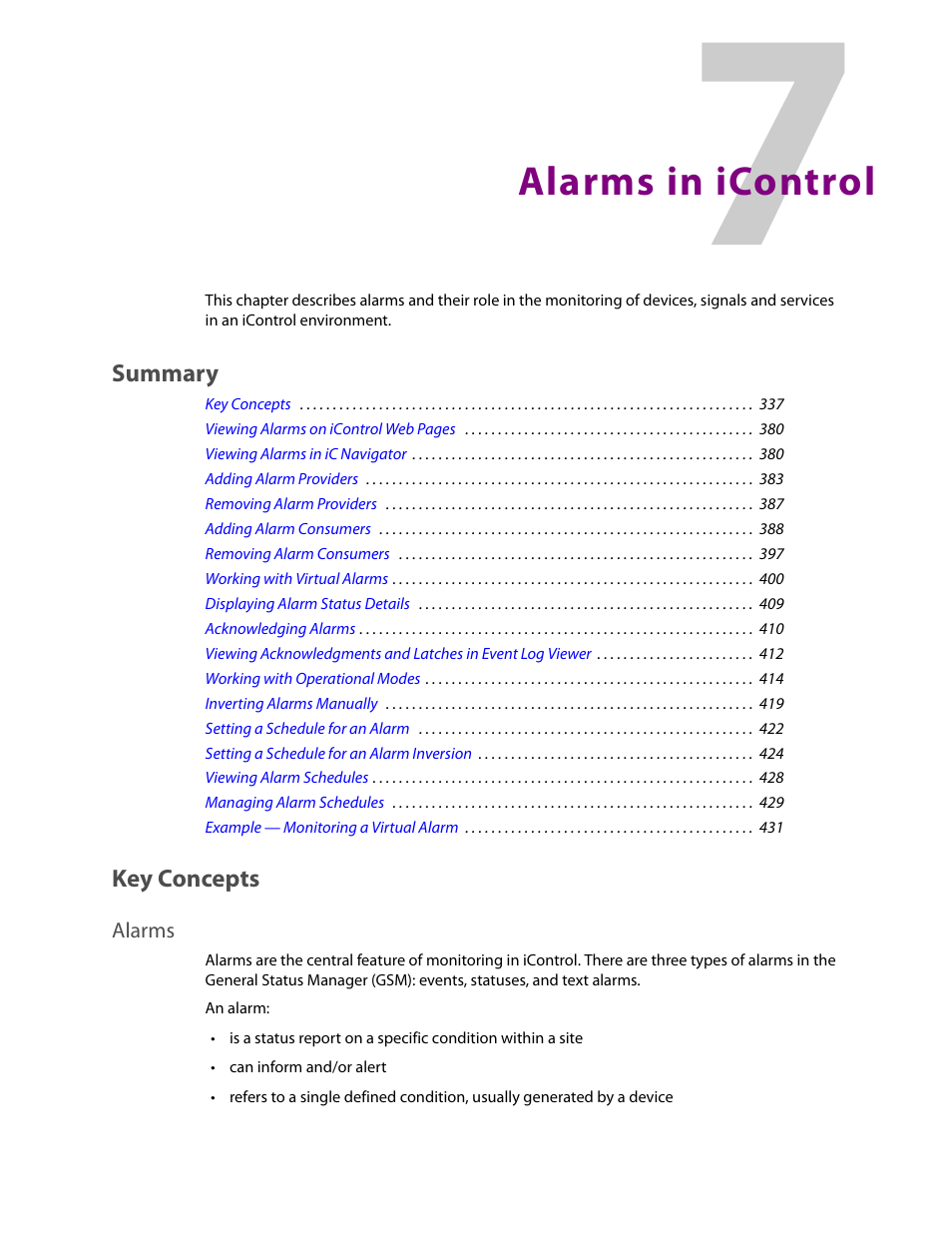 Alarms in icontrol, Key concepts, Alarms | Summary | Grass Valley iControl V.4.43 User Manual | Page 347 / 772