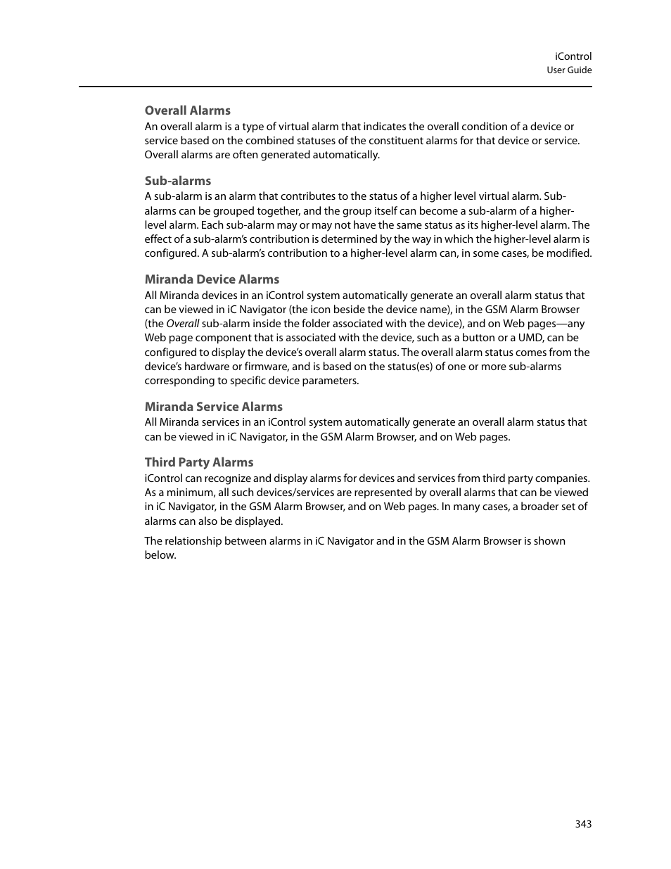 Overall alarms, Sub-alarms, Miranda device alarms | Miranda service alarms, Third party alarms | Grass Valley iControl V.4.43 User Manual | Page 353 / 772