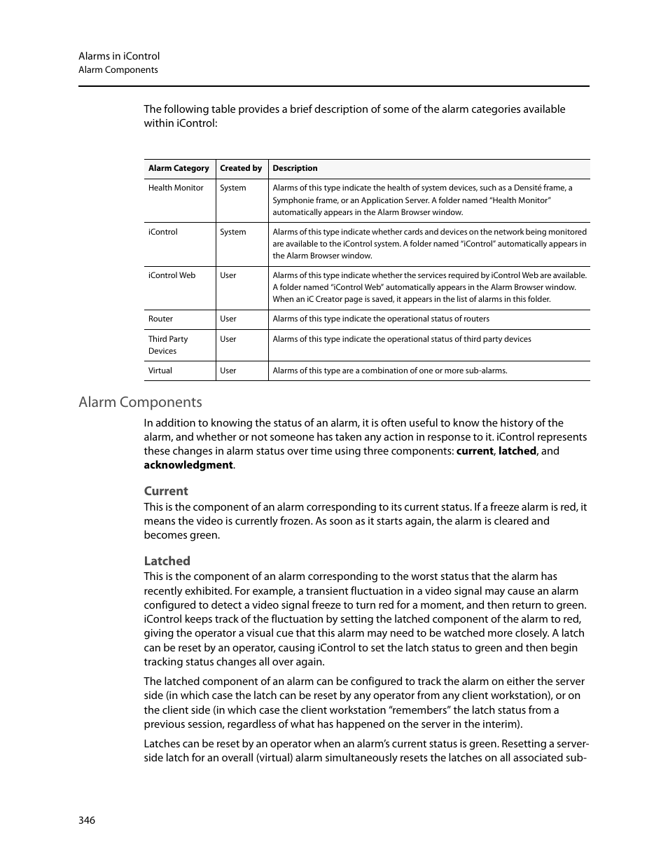 Alarm components, Current, Latched | Grass Valley iControl V.4.43 User Manual | Page 356 / 772