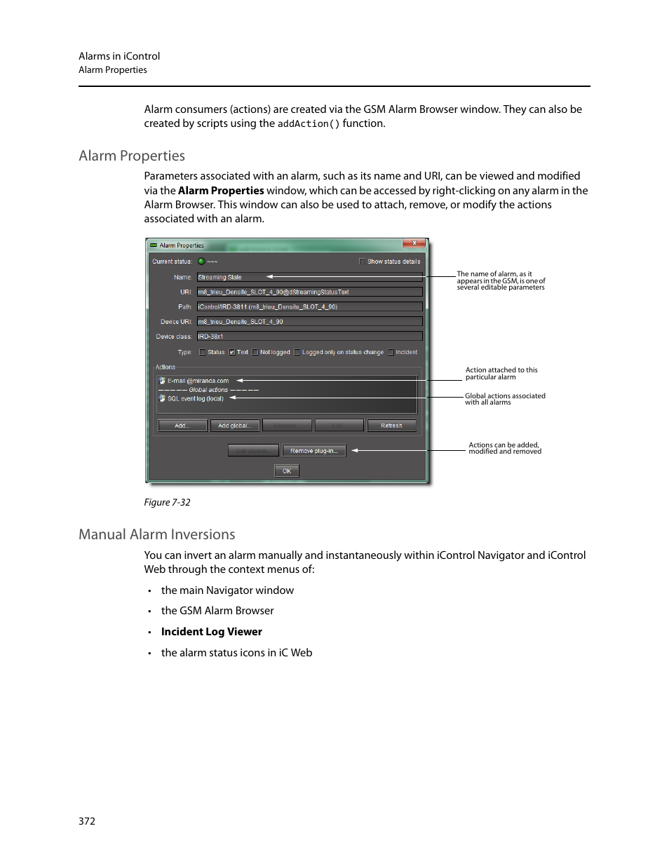 Alarm properties, Manual alarm inversions, Alarm properties manual alarm inversions | Grass Valley iControl V.4.43 User Manual | Page 382 / 772