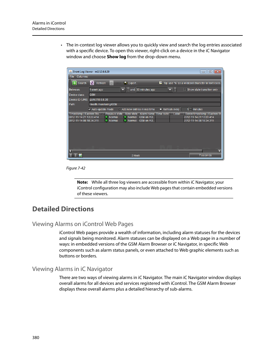 Detailed directions, Viewing alarms in ic navigator, Viewing alarms on icontrol web pages | Grass Valley iControl V.4.43 User Manual | Page 390 / 772