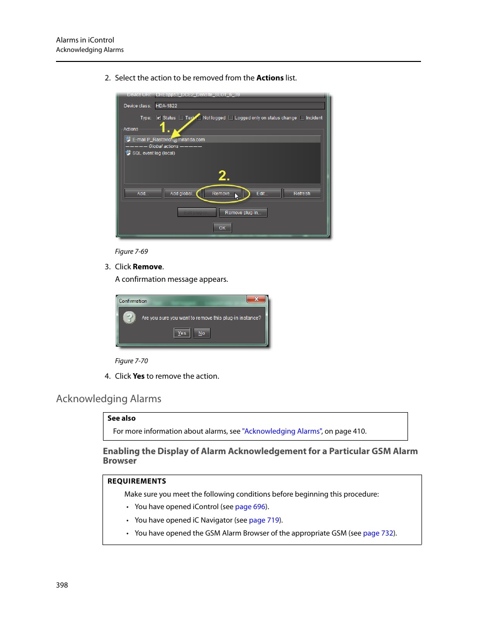 Acknowledging alarms, Enabling the | Grass Valley iControl V.4.43 User Manual | Page 408 / 772