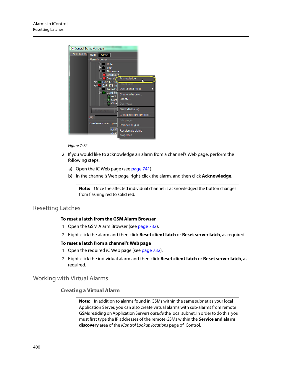 Resetting latches, Working with virtual alarms, Creating a virtual alarm | Resetting latches working with virtual alarms | Grass Valley iControl V.4.43 User Manual | Page 410 / 772
