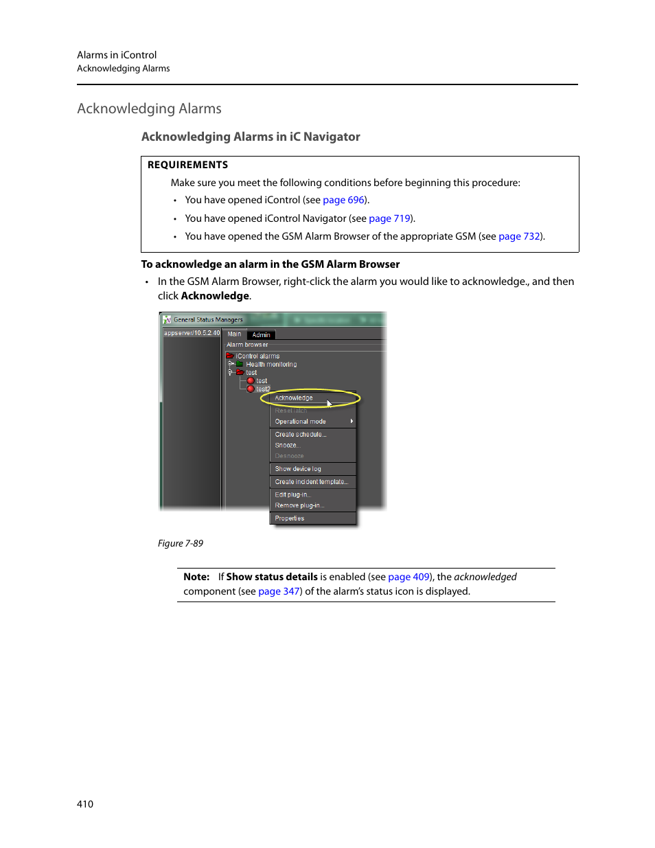 Acknowledging alarms, Acknowledging alarms in ic navigator | Grass Valley iControl V.4.43 User Manual | Page 420 / 772