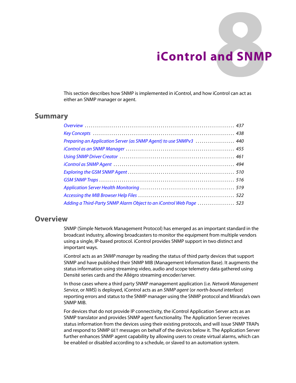 Icontrol and snmp, Overview, Summary | Grass Valley iControl V.4.43 User Manual | Page 447 / 772