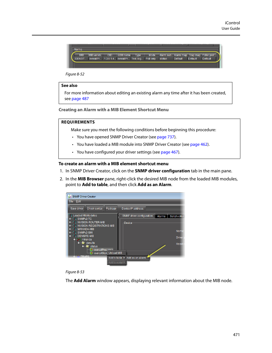 Creating an alarm with a mib element shortcut menu | Grass Valley iControl V.4.43 User Manual | Page 481 / 772