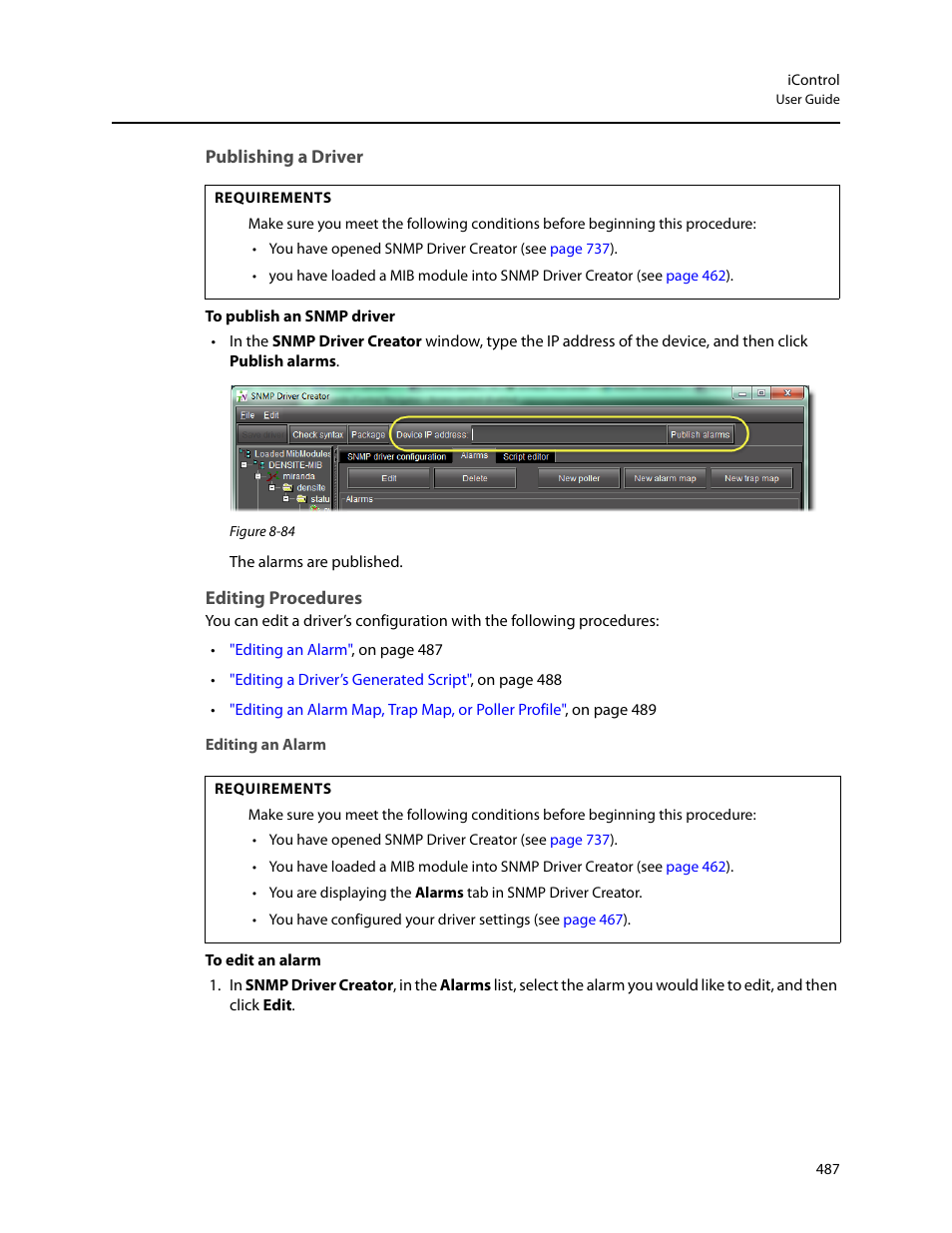 Publishing a driver, Editing procedures, Editing an alarm | Grass Valley iControl V.4.43 User Manual | Page 497 / 772