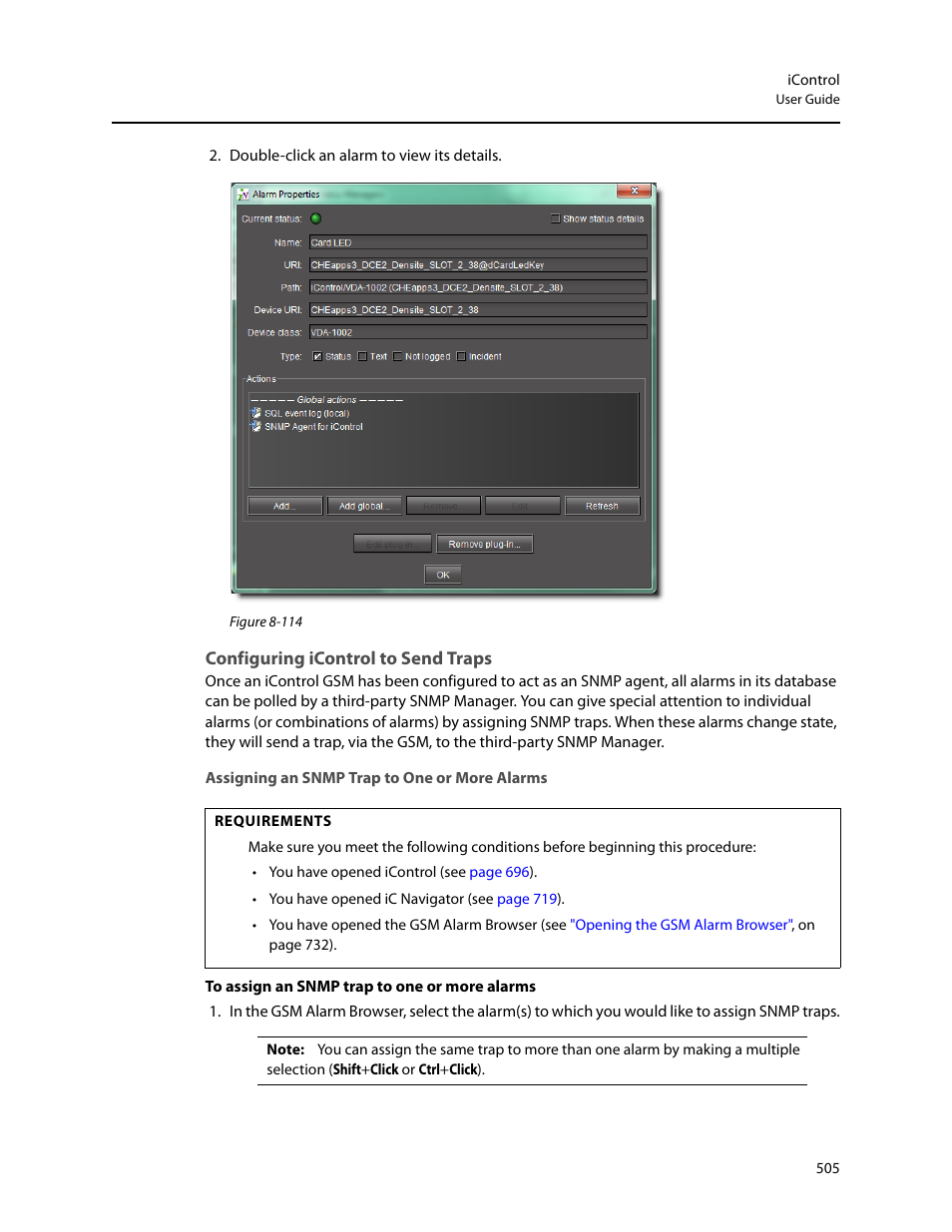 Configuring icontrol to send traps, Assigning an snmp trap to one or more alarms | Grass Valley iControl V.4.43 User Manual | Page 515 / 772