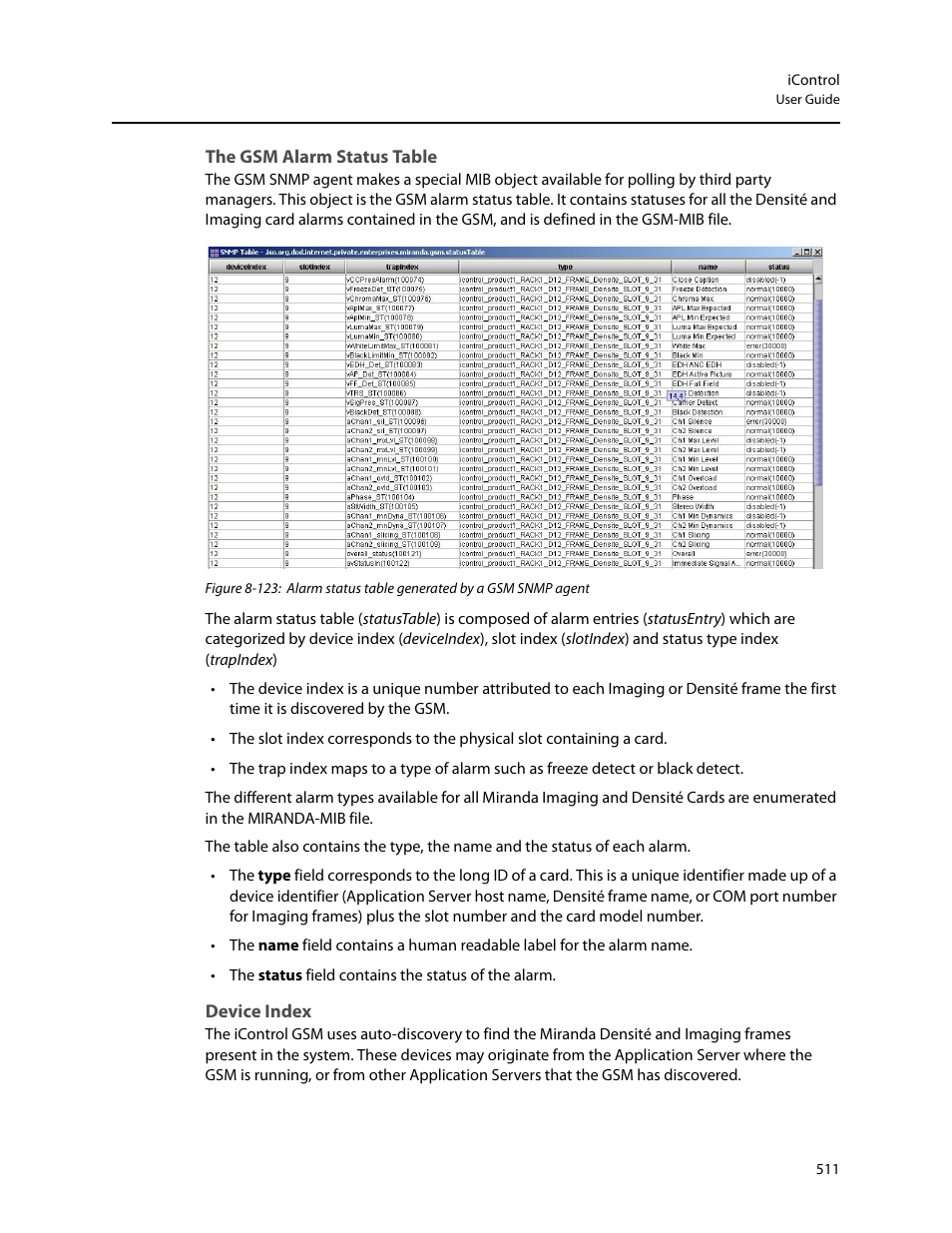 The gsm alarm status table, Device index | Grass Valley iControl V.4.43 User Manual | Page 521 / 772