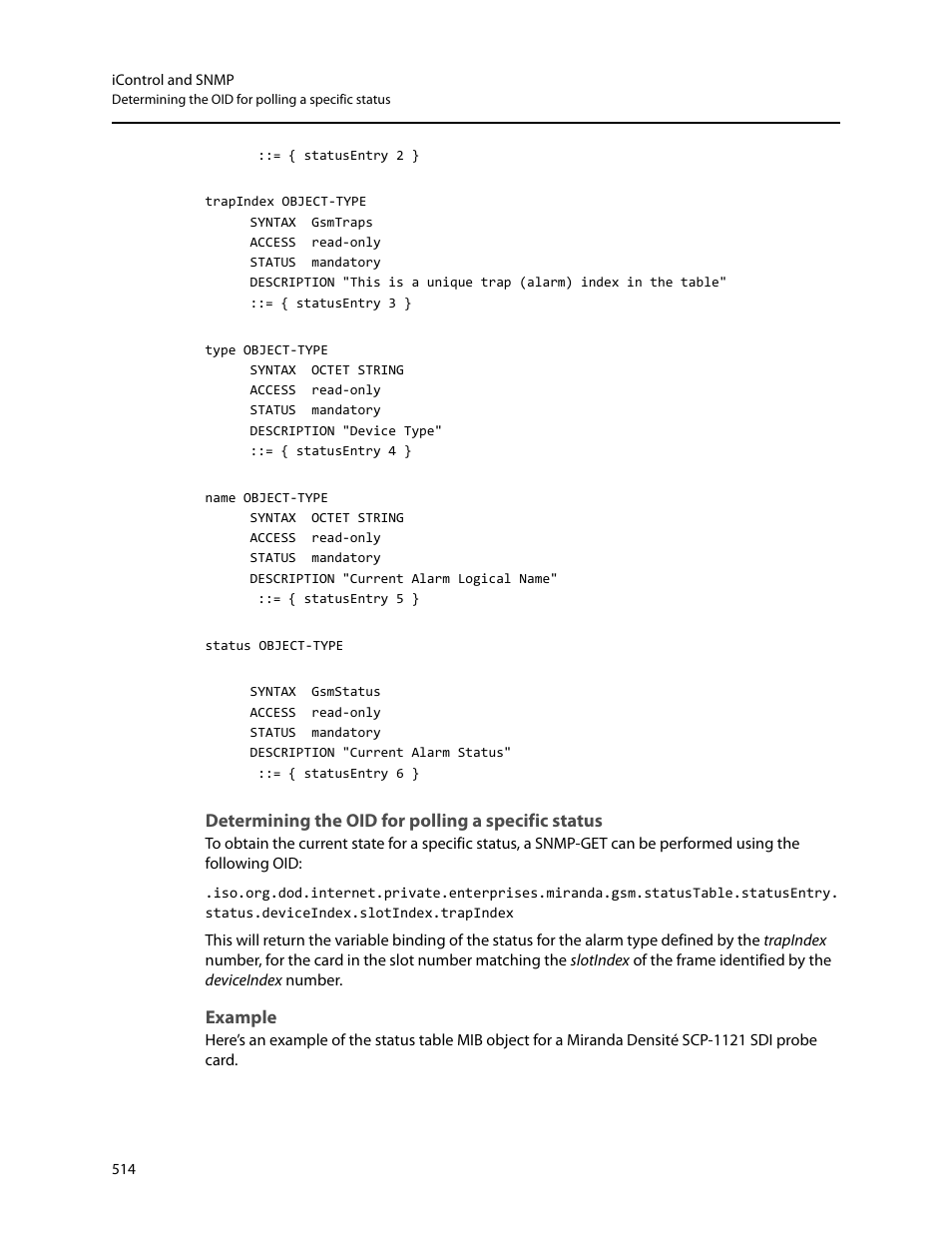 Determining the oid for polling a specific status, Example | Grass Valley iControl V.4.43 User Manual | Page 524 / 772