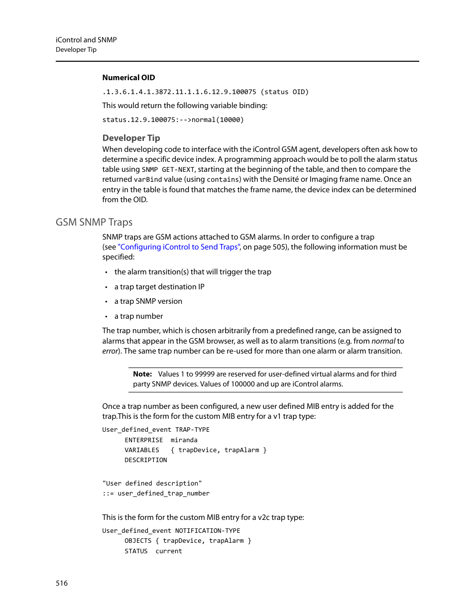 Developer tip, Gsm snmp traps | Grass Valley iControl V.4.43 User Manual | Page 526 / 772