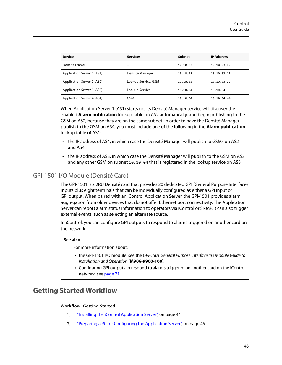 Gpi-1501 i/o module (densité card), Getting started workflow | Grass Valley iControl V.4.43 User Manual | Page 53 / 772