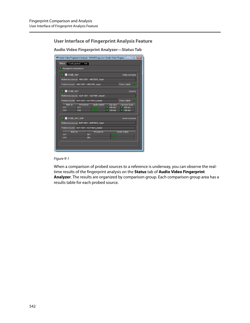 User interface of fingerprint analysis feature, Audio video fingerprint analyzer—status tab, User interface of fingerprint analysis | Feature | Grass Valley iControl V.4.43 User Manual | Page 552 / 772