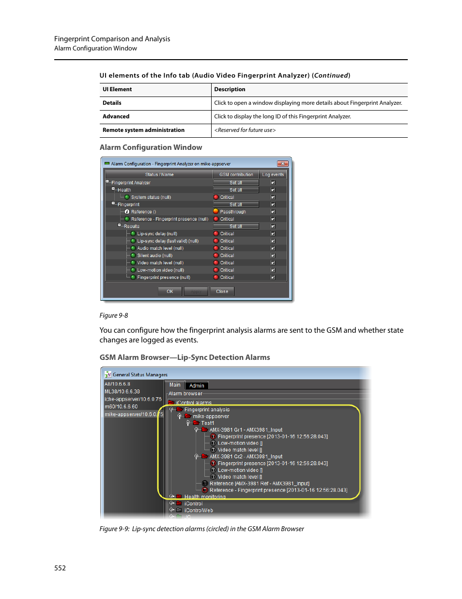 Alarm configuration window, Gsm alarm browser—lip-sync detection alarms | Grass Valley iControl V.4.43 User Manual | Page 562 / 772