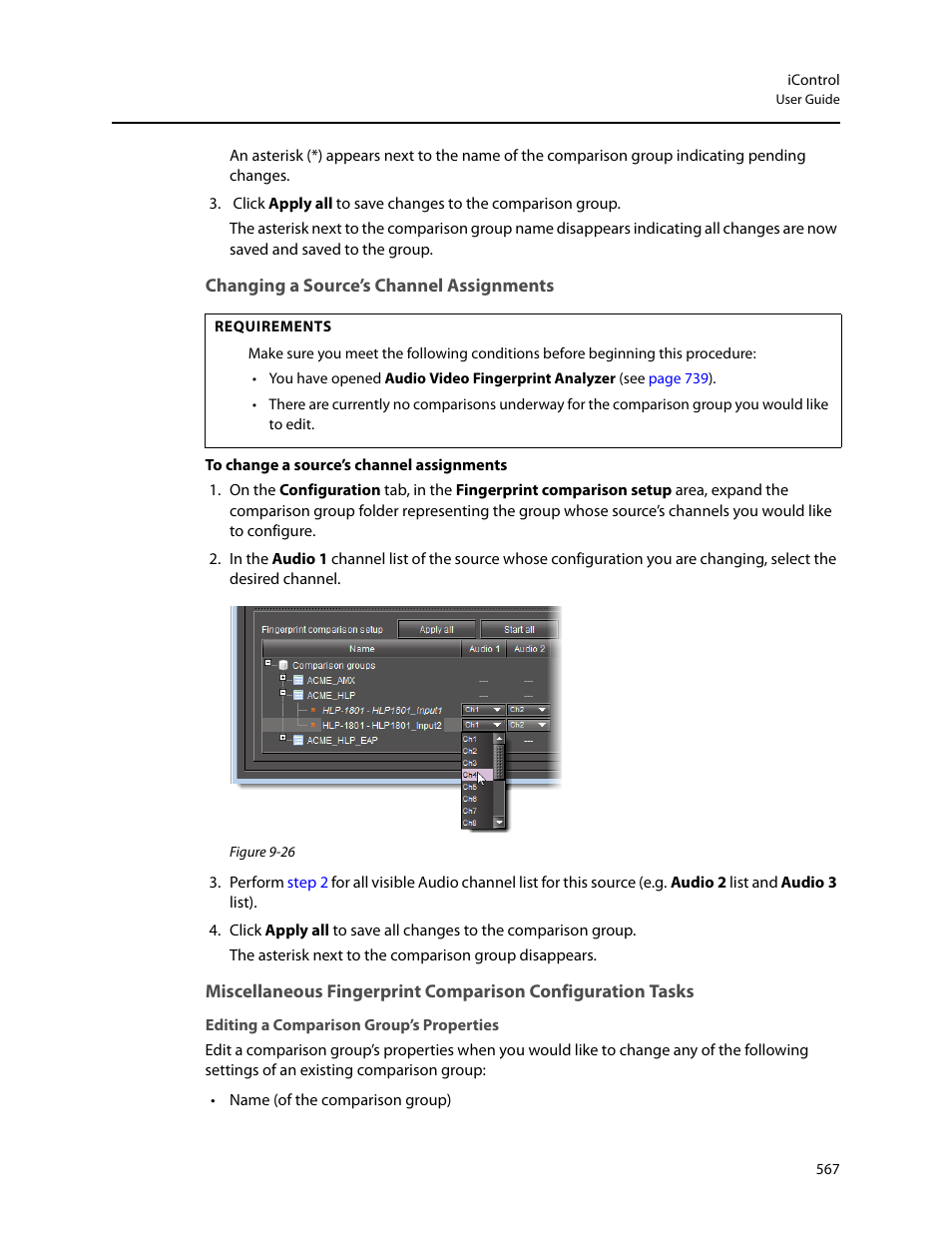 Changing a source’s channel assignments, Editing a comparison group’s properties, Changing a | Source’s channel assignments | Grass Valley iControl V.4.43 User Manual | Page 577 / 772