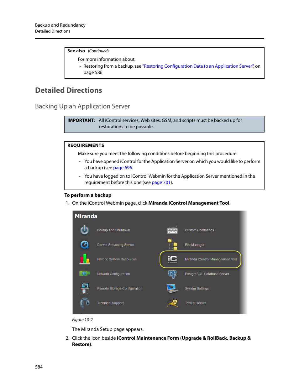 Detailed directions, Backing up an application server | Grass Valley iControl V.4.43 User Manual | Page 594 / 772