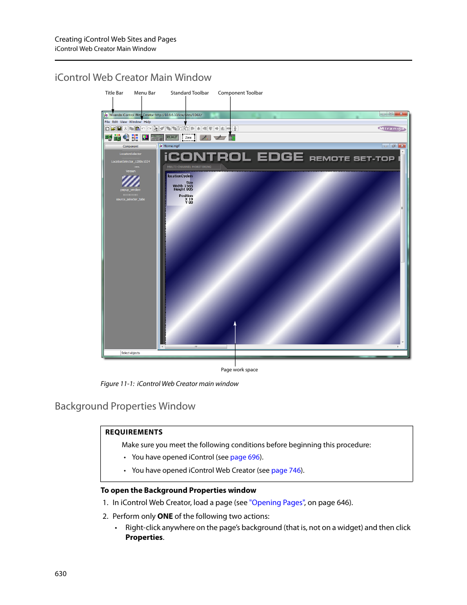 Icontrol web creator main window, Background properties window | Grass Valley iControl V.4.43 User Manual | Page 640 / 772