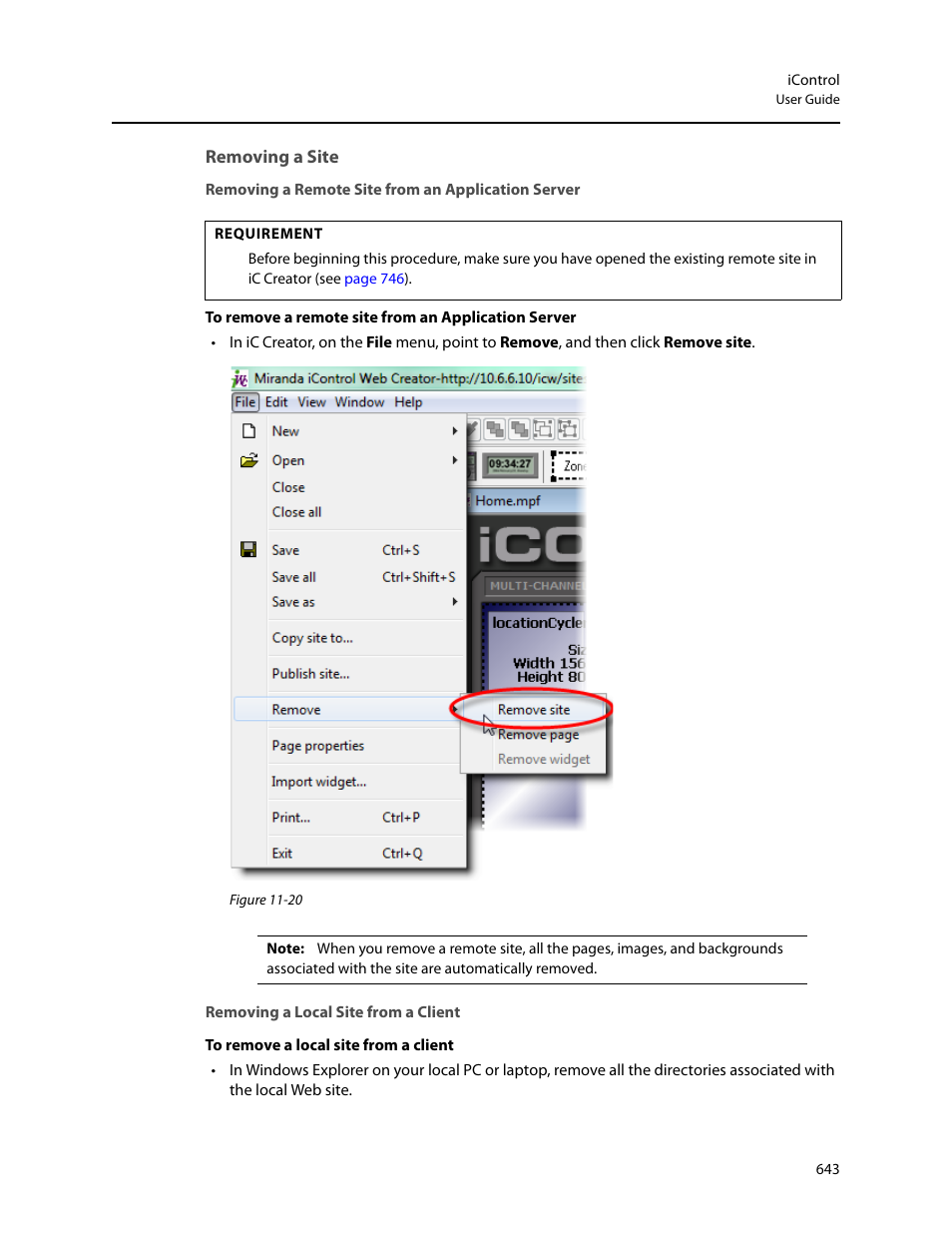 Removing a site, Removing a remote site from an application server, Removing a local site from a client | Grass Valley iControl V.4.43 User Manual | Page 653 / 772