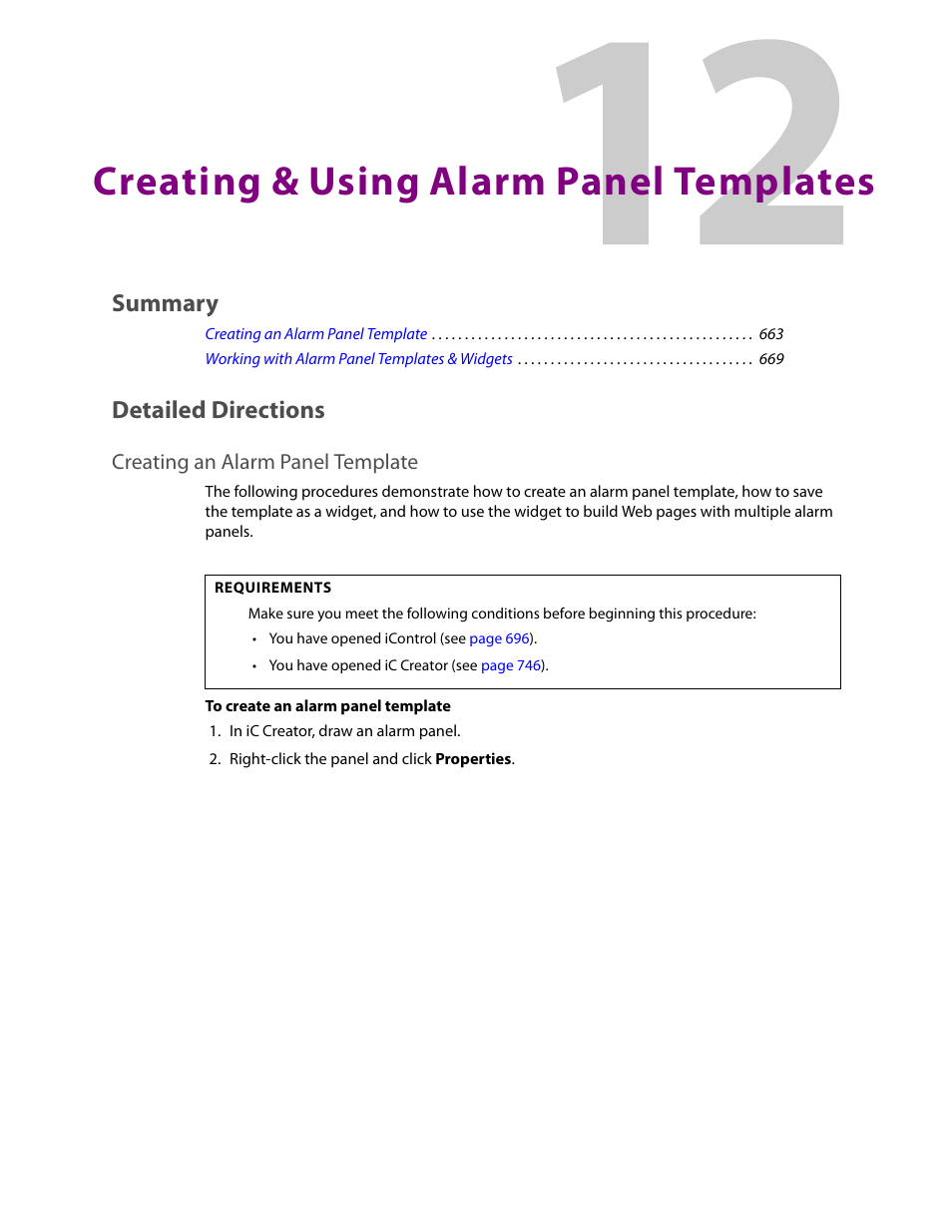 Creating & using alarm panel templates, Detailed directions, Creating an alarm panel template | 12 creating & using alarm panel templates, Summary | Grass Valley iControl V.4.43 User Manual | Page 673 / 772
